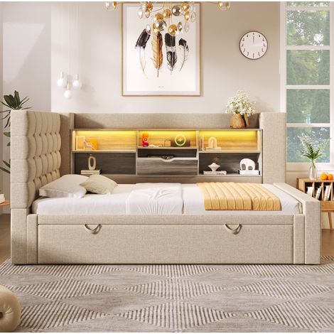 Bett Schlafbett Ausziehbett 90x200 cm LED Beige OKMYHOME (1/5)