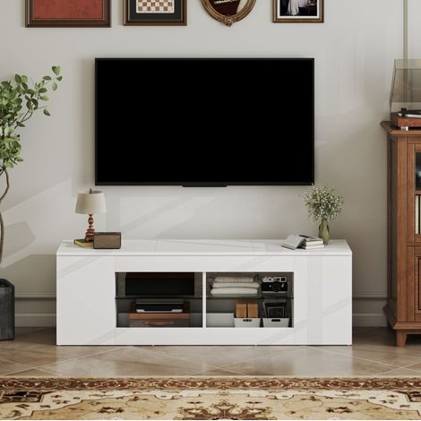Mueble TV 140x42,5 cm blanco con 6 compartimentos y estantes de vidrio (1/5)