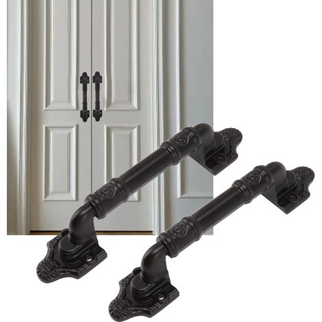 Deux poignées de porte robustes, style américain, pour portes coulissantes de grange, faciles à installer, grandes poignées en bois, montage en applique, noir 9701, longueur 200 mm (1/5)