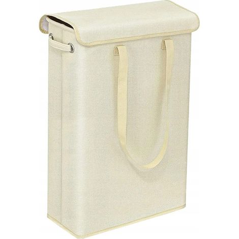 Cesto de ropa estrecho con solapa y asas de transporte, color beige.