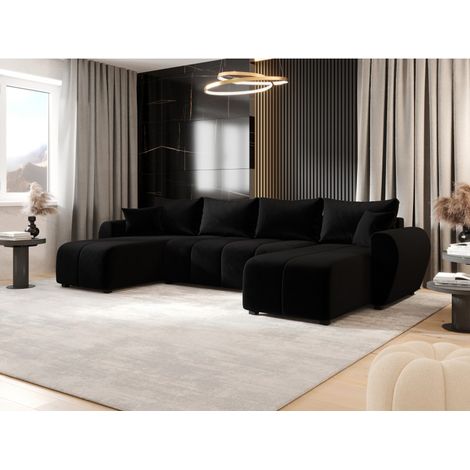 Tendencio – Canapé d’angle convertible en U noir – 311 cm de large – Couchage 230 x 140 cm – Rangement intégré – Confort mousse polyuréthane T30 (1/2)