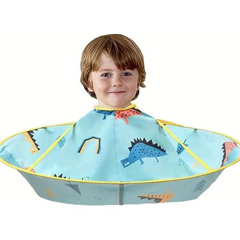 1 cape de coupe dinosaure pour tout-petits - Attrape-cheveux pliable en nylon pour tout-petits, bleu/jaune (1/5)