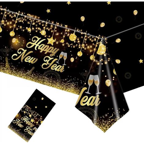 Nappe Réveillon Déco Noir Or 2026, Chemin de Table PVC Happy New Year 137x274cm