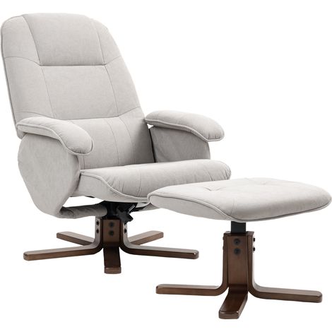 Light Grey Linen Swivel Recliner Chair with Footstool,Upholstered Armchair with Wooden Base for Living Room Comfort