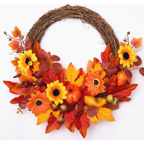 Herbstkranz für Halloween, künstliche Sonnenblume, Kürbis, Beeren, zum Aufhängen an der Tür, Erntedankfest, Rattankreis, Thanksgiving-Kranz (1/4)