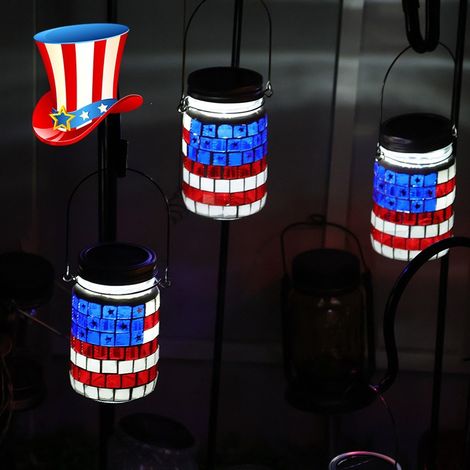 Independence Day American Flag Solar Mosaic Lantern Solar Mason Jar Lamp Outdoor Waterproof Hanging Decoration American Flag Mosaic Lamp (White Light) - 2-Pack