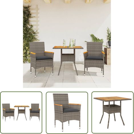 The Living Store Ensemble à manger de jardin et coussins 3 pcs gris rotin acacia - Salon De Jardin - Mobilier De Jardin - Set De Salon De Jardin - Table De Jardin - Chaises De Jardin (1/5)