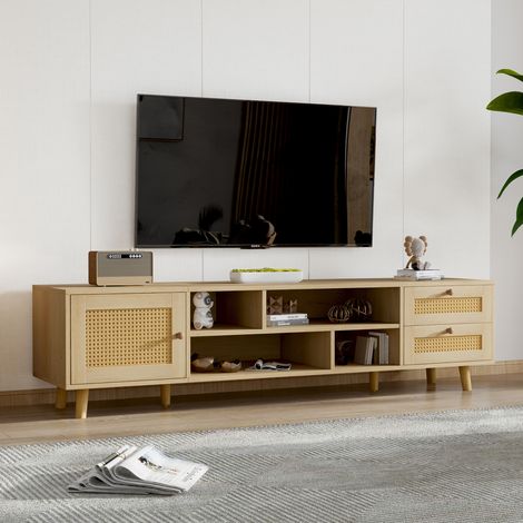 Meuble tv rangement salon 160 cm rotin chene HAVRYA (1/5)