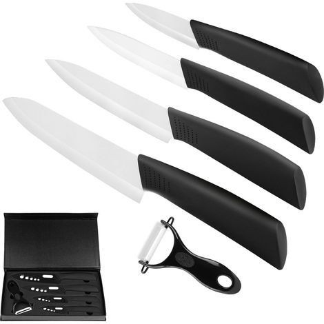 Couteaux en céramique, Set 5 Couteaux de Cuisine céramique, (6" Couteau Chef, 5" Utilitaire, 4" Fruits, 3" éplucher), avec Éplucheur pour Fruit et Légume - Blanc (1/5)