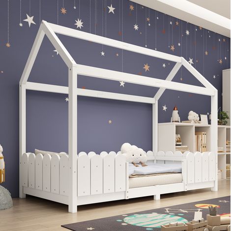 Lit enfant cabane 90 x 200 cm en bois blanc avec toit, barrière anti-chute et sommier à lattes, charge maximale 120 kg – de FLORAGRACE, idéal pour chambre d'enfant (1/5)