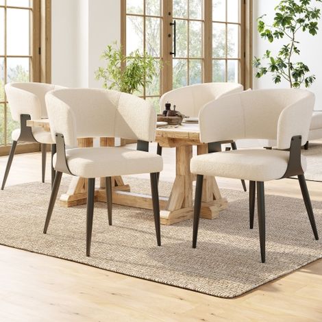 Chaises de salle à manger ou de coiffeuse haut de gamme en flanelle (lot de 4) – Design ergonomique avec dossier incurvé – Beige/Gris (1/5)
