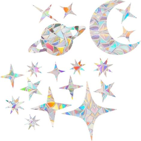 Adesivi per finestre anti-uccelli - Design arcobaleno - Stelle e luna - Con effetto prisma - Per finestre in vetro - Pellicola trasparente anticollisione (1/4)