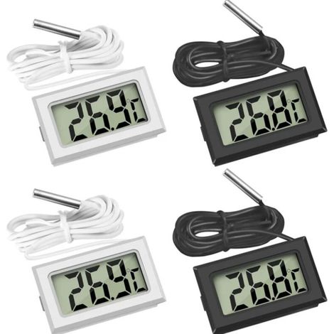 Lntyq 4 Pcs Thermomètre Réfrigérateur ,Thermomètre LCD Numérique avec Sonde Étanche pour Réfrigérateur Congélateur Aquarium (Lot de 2 Noir et 2 Blanc)