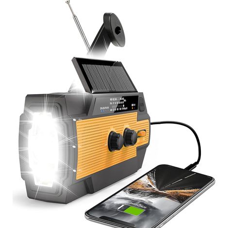 Radio d'urgence à manivelle, 4 000 mAh, solaire, portable, AM/FM/NOAA, chargeur de téléphone portable, pour la maison, orange (1/5)