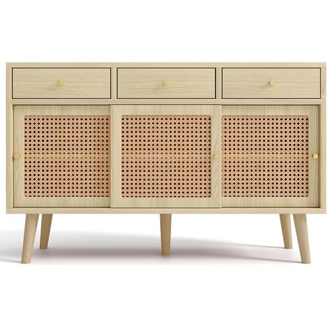 Buffet, commode à 3 tiroirs et 3 portes coulissantes, façades de portes en rotin tressé, pieds en bois massif, poignée barre en métal doré, étagères réglables, chêne, 120 x 40 x 78 cm (1/5)
