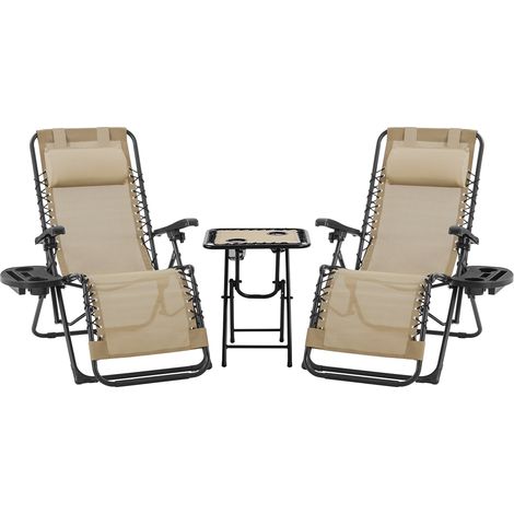 Homevive 2 Tumbonas Reclinables Plegables con Mesa Auxiliar Juego de 3 Sillones de Gravedad Cero y Mesa Auxiliar con Portavasos Reposacabezas Beige