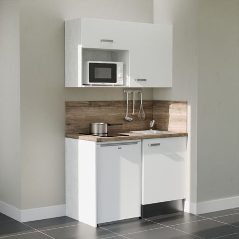 Kitchenette K07L-PT - 120 cm avec plan de travail et évier, emplacements frigo et micro-ondes - Façade Blanc - Plan Bois - Evier Inox - Crédences Oui (1/5)