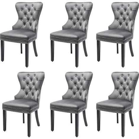 Chaise salle à manger velours pack de 6 avec pieds chêne, détails chromés et garniture tête de clou, pour cuisine/salon/chambre, gris. (1/5)