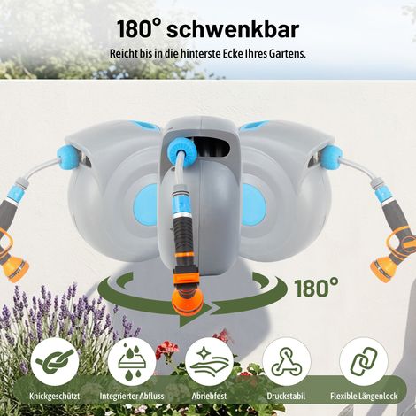 Enrouleur mural de 20 m avec rétraction automatique, pistolet d'arrosage 9 en 1, résistant aux UV et au gel, pivotant à 180° – support mural et visserie inclus (1/5)