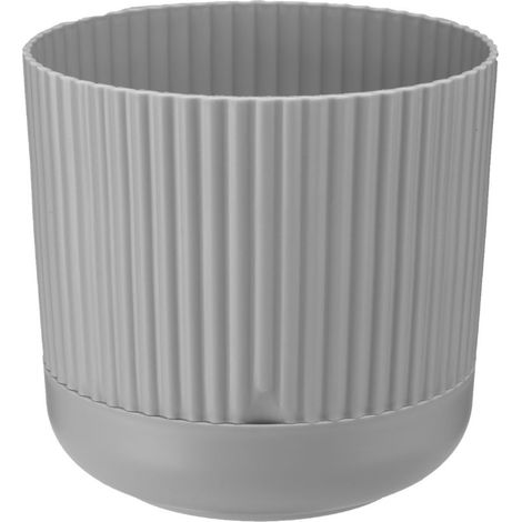 Vaso da fiori in plastica con sottovaso e coperchio NOSTALGIA 14 cm, materiale grigio opaco, motivo a righe