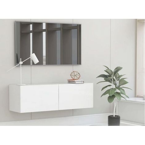 Les Tendances – Meuble TV suspendu 2 portes en bois MDF blanc – Dimensions L 100 x H 30 x P 30 cm – Rangement pour appareils et connectiques (1/3)