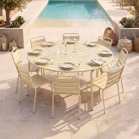 Ensemble table de jardin 180 cm + 8 chaises en métal crème - BACA (1/5)
