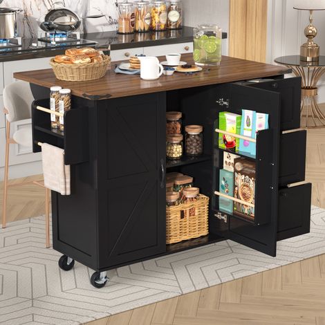 Îlot de cuisine, desserte avec plan de travail extensible, meuble de cuisine, chariot de cuisine, desserte effet bois, desserte à deux portes et trois tiroirs, noir (1/5)
