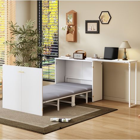 Cama abatible en metal y madera, color blanco/madera, 90x200 cm, con escritorio giratorio, colchón incluido y ruedas. (1/5)