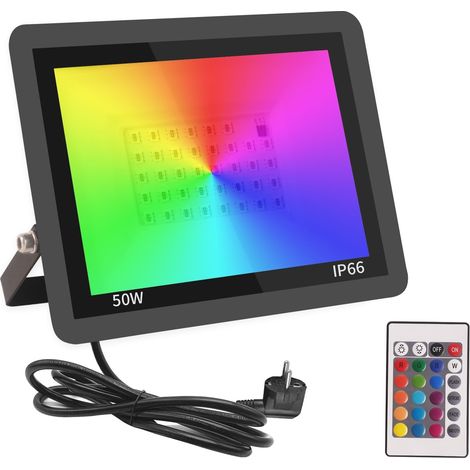 Projecteur LED Extérieur 50W,Spot LED Couleur avec Télécommande,16 Couleurs 4 Modes Dimmable Éclairage Extérieur Murale,Étanche IP66 Luminaire Jardin pour Cour,Terrasse,Noël,Fêtes (1/5)