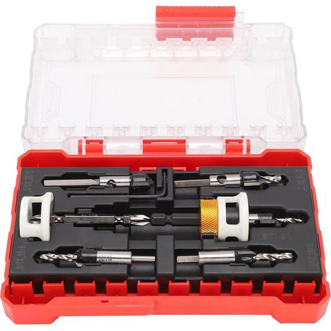 Set of 8 countersunk drill bits with depth stop and hex shank adapter for wood screws, with 5 centering drill bits (1/8" to 3/16"), adjustable wrench and (1/5)