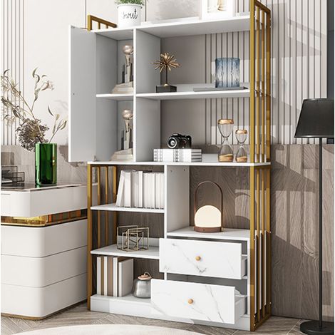 Bücherregal mit 6 Ebenen, Türen und Schubladen, weißer Marmoroptik und goldenem Rahmen HAVRYA (1/5)