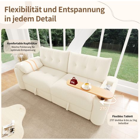 Canapé modulaire 3 places en peluche beige avec rangement intégré, appuie-tête et table d'appoint – convertible compacte pour studio, salon ou chambre d'amis. (1/5)