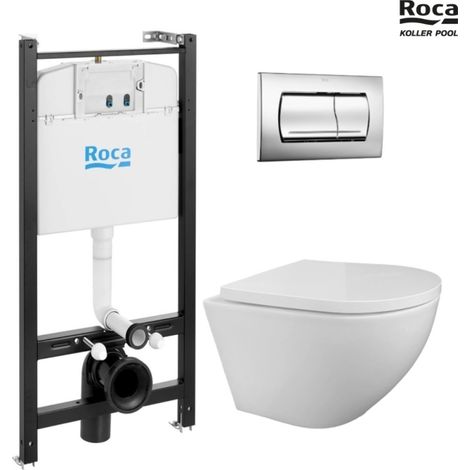 Bastidor ROCA Active pack cisterna empotrada y pulsador Cromo brillo con inodoro suspendido ROUND de KP blanco (1/4)