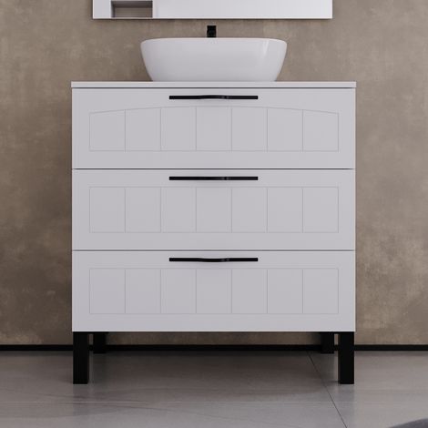 Meuble de salle de bain 70cm avec plateau et vasque à poser ovale - 3 tiroirs - sans miroir - blanc - CALA (1/5)