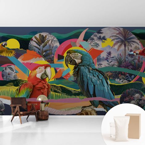 Papier peint intissé avec imprimé pour décoration intérieure pour rénovation a motif - Colle incluse gratuite Oiseaux exotiques 416x254 cm (1/5)