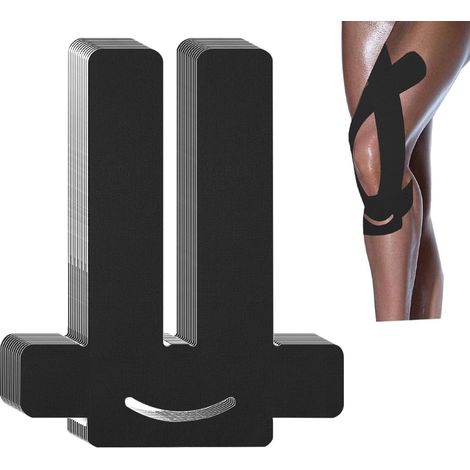 Bandes de kinésiologie prédécoupées pour soulager les douleurs au genou (noires, lot de 12). Imperméables, élastiques et sans latex, elles offrent un soutien musculaire optimal pour le sport et le fit (1/5)