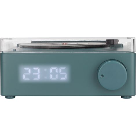 Réveil Bluetooth Vinyl Tournant - Haut-parleur Stéréo 360° avec Alarme - Design Rétro - Alimentation DC 5V1A - Vert Noirâtre