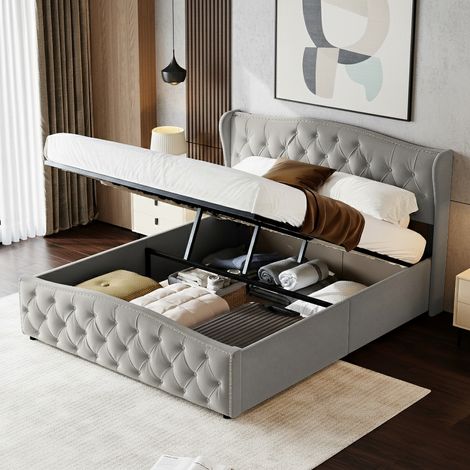 Lit coffre 160x200 cm avec sommier, lit double capitonné avec hydraulique rangement et tête de lit, lit adulte pour adultes et adolescents, velours, gris (1/5)