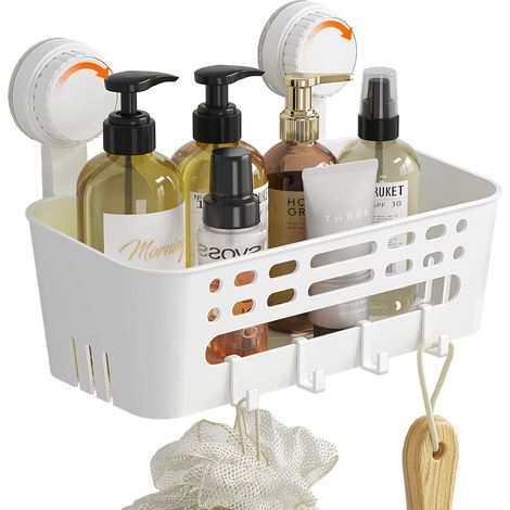 Panier de Douche à Ventouses Murale, 26,3 cm Etagere Douche sans Percage, Porte Salle de Bain Amovible en Plastique pour les Gel Shampooing, Gel Nettoyant pour le Visage， Blanc (1/5)