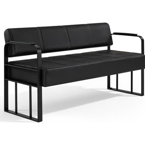 BarberPub 3-Sitzer Sitzbank mit Mattschwarzen Armlehnen, Polsterbank mit Rückenlehne, Sitzbreite 144cm, Wartebank Friseur, Wohnzimmerbank, Friseureinrichtung W528 (Schwarz/Kunstleder)