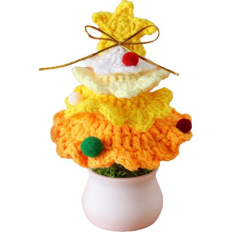 Gestrickter Mini-Weihnachtsbaum, gehäkelter Weihnachtsbaum-Bonsai, gelb, für die Dekoration von Geschäften und Zuhause (1/2)