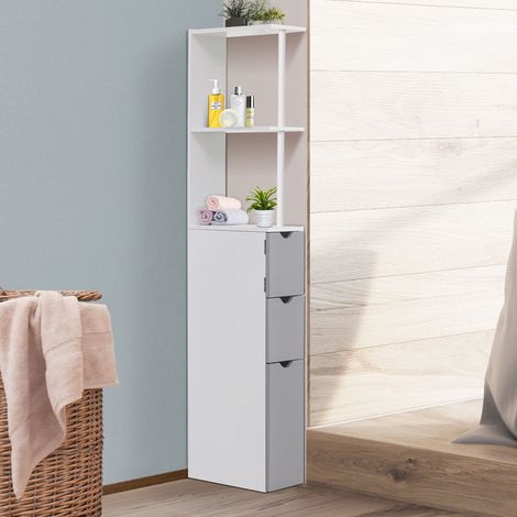 Colonna da bagno moderna, mobile ausiliario per il bagno con 2 ripiani, 2 cassetti e 1 anta antiribaltamento, 15x33x136,8 cm, bianca.