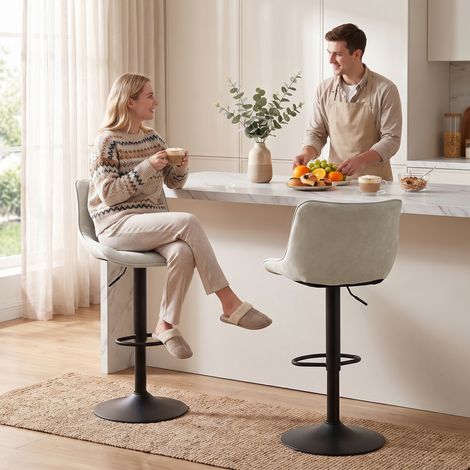 Ensemble 2 tabourets de bar tournants réglables avec base et dossier en métal, blanc crème (1/5)