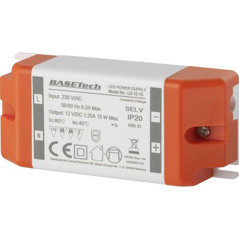 Basetech LD-12-15 Transformateur pour LED à tension constante 15 W 1.25 A homologué pour les meubles, surtention, montage sur des surfaces inflammab A830932 (1/5)