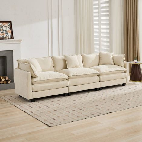 Canapé Cloud 3 Places Modulable de Salon - Assise Ergonomique Double Couche Moelleuse - 289x75x84 cm - en Tissu Chenille Beige (1/5)