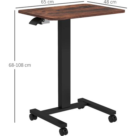 Bureau assis-debout, table pour ordinateur portable, hauteur réglable, 4 roulettes, 65 cm x 48 cm x 108 cm, marron et noir (1/5)