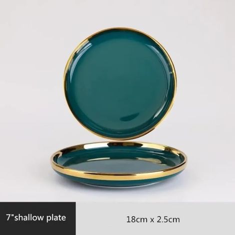 Plats et assiettes,Assiette en céramique verte à bord doré,vaisselle en porcelaine haut de gamme - Type 7 inch Shallow plate (1/4)