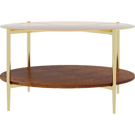 Table basse ronde avec plateau en verre trempé doré et base en bois - 82 cm (1/5)