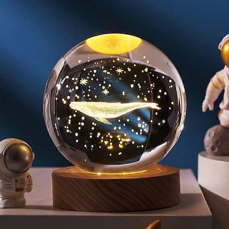 Veilleuse boule de cristal à projection, modèle planète 3D avec LED, socle en bois, baleine, 6 cm, alimentation USB avec interrupteur (1/5)