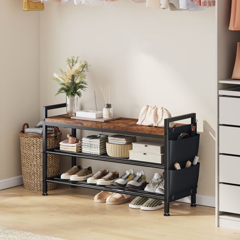 Klyvvo 76x30x56cm-Étagère chaussure 3 niveaux-Rangement chaussure 9-12 paires-Meuble chaussure solide & facile à nettoyer-Porte chaussures avec poches latérales-Métal-bois-pour entrée couloir (1/5)
